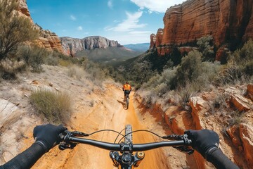 A person captured in dramatic footage riding a bike down a dirt road using a GoPro camera. - Powered by Adobe