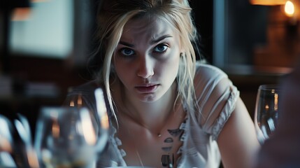Fototapeta premium Young woman making an exasperated expression gesture on a bad date at the restaurant : Generative AI