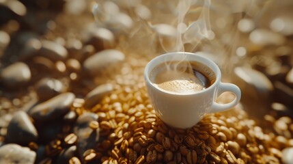 Espresso cup full of coffee on the grains pile Italian traditional morning short drink on breakfast Closeup Toned : Generative AI