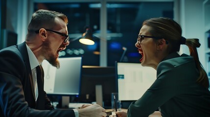 Front view of two angry businesspeople using computers disputing at workplace and looking sideways each other with envy : Generative AI