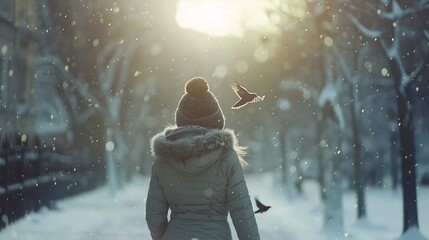 City park in winter with heavy snowfall Woman walks down the street and flying birds in the snow...