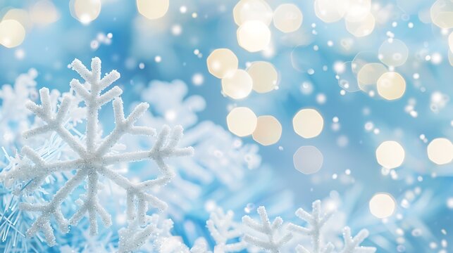 Background for christmas and new year Light blue snowflake texture with sparkles closeup macro with soft focus Template for the congratulate text : Generative AI
