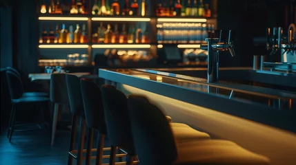 Küchenrückwand Plexiglas Moskau bar counter with chairs in empty comfortable restaurant at night : Generative AI