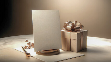 mockup featuring a blank greeting card propped up next to a beautifully wrapped gift box.