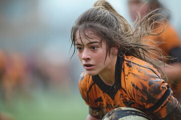 A young girl confidently holds a rugby ball, showcasing her love for the sport.