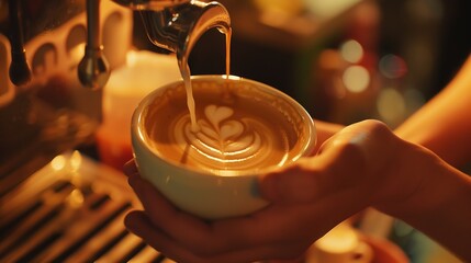 Close up barista hands making coffee cup with coffee machine in coffee shop : Generative AI - Powered by Adobe