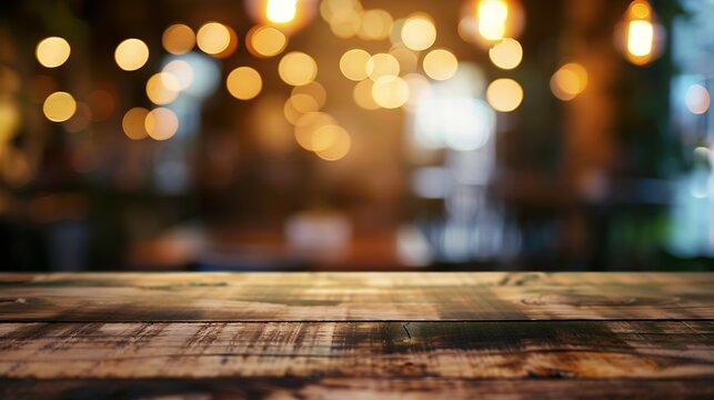 Wood table top with blurred lights abstract background from cafe restaurantFor montage product display or design key visual layout : Generative AI