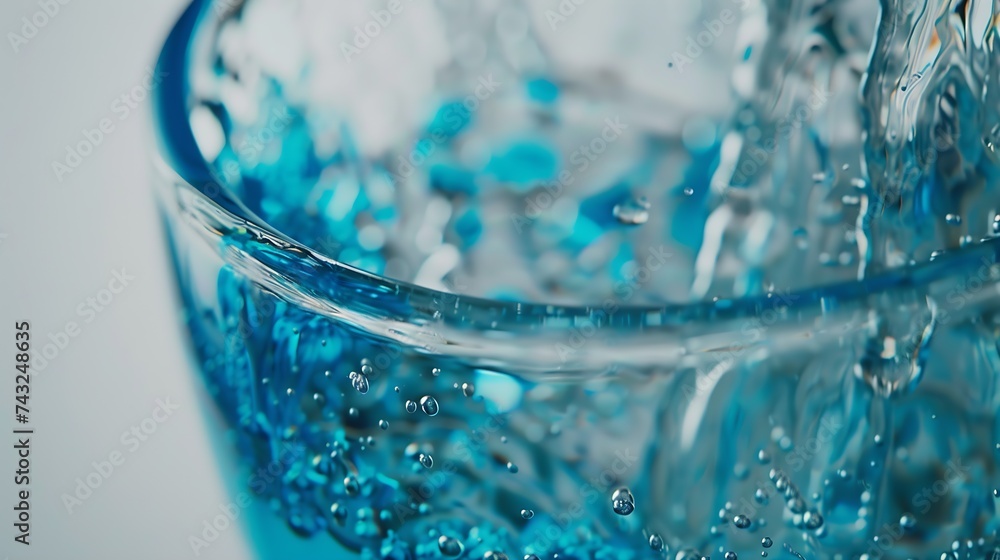 Poster Beautiful texture of flow stream water closeup macro A stream of clean transparent cold water is poured into a blue glass beaker on silvery white background with free space : Generative AI