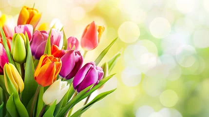 Fotobehang Beautiful colorful tulips in bloom with bokeh on nature background : Generative AI © Generative AI