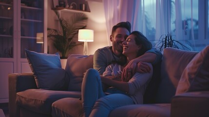 Fototapeta premium Happy married young couple hugging sitting on cozy couch together overjoyed laughing woman and man having fun enjoying leisure time relaxing on sofa in living room at home good relatio : Generative AI