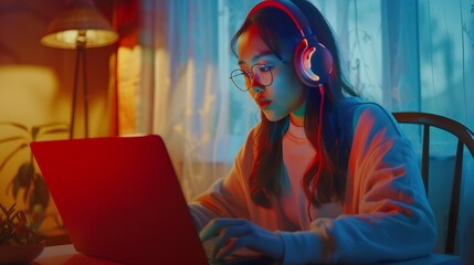Beautiful portrait of a student learning on line watching video tutorials with a red laptop and headphones in a table at home : Generative AI