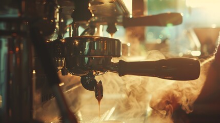 Cropped image of a professional barista steaming milk on a coffee machine with skill : Generative AI
