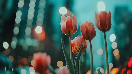 City landscape with blooming tulips in spring : Generative AI