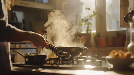 Loving couple cooking together in the kitchen at home : Generative AI - obrazy, fototapety, plakaty