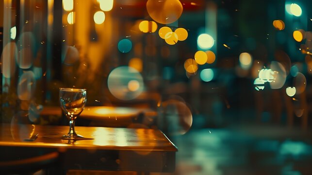 Vintage tone abstract blur image of Restaurant in night time with light bokeh for background usage : Generative AI