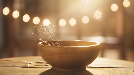 Bowl with acupuncture needles on wooden table : Generative AI - Powered by Adobe