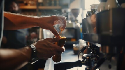 Hand of male barista making coffee for customers : Generative AI - obrazy, fototapety, plakaty