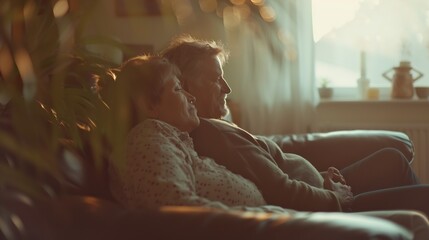 Dreamy middle aged senior loving retired family couple looking in distance planning common future or recollecting memories enjoying peaceful moment relaxing together on cozy sofa in li : Generative AI - obrazy, fototapety, plakaty