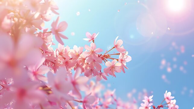 Light beautiful natural spring image of blooming pink sakura closeup against a background of clear blue sky outdoors in nature on sunny day : Generative AI