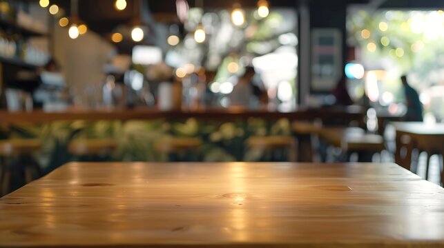 Empty brown wooden table and blur background of abstract of resturant lights people enjoy eating can be used for montage or display your products : Generative AI