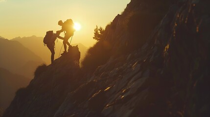 Couple of hikers helping each other climbing a mountain at sunset People giving a helping hand and active sport concept : Generative AI