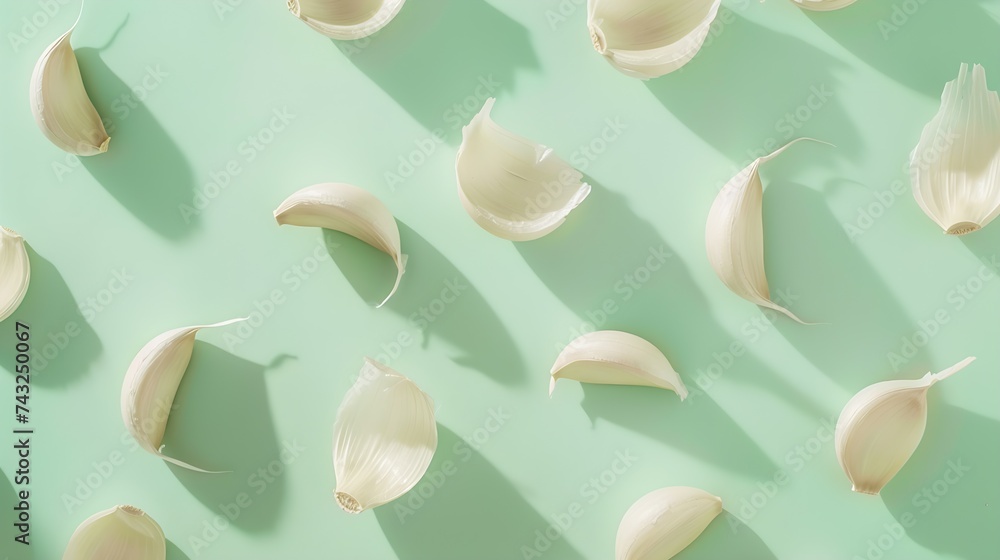 Poster Set composition with heads halves and slices of garlic Creative layout on light green background closeup macro top view : Generative AI