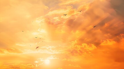Fiery orange sunset Dramatic golden sky at the sunset background with Seagulls flying over the sea : Generative AI