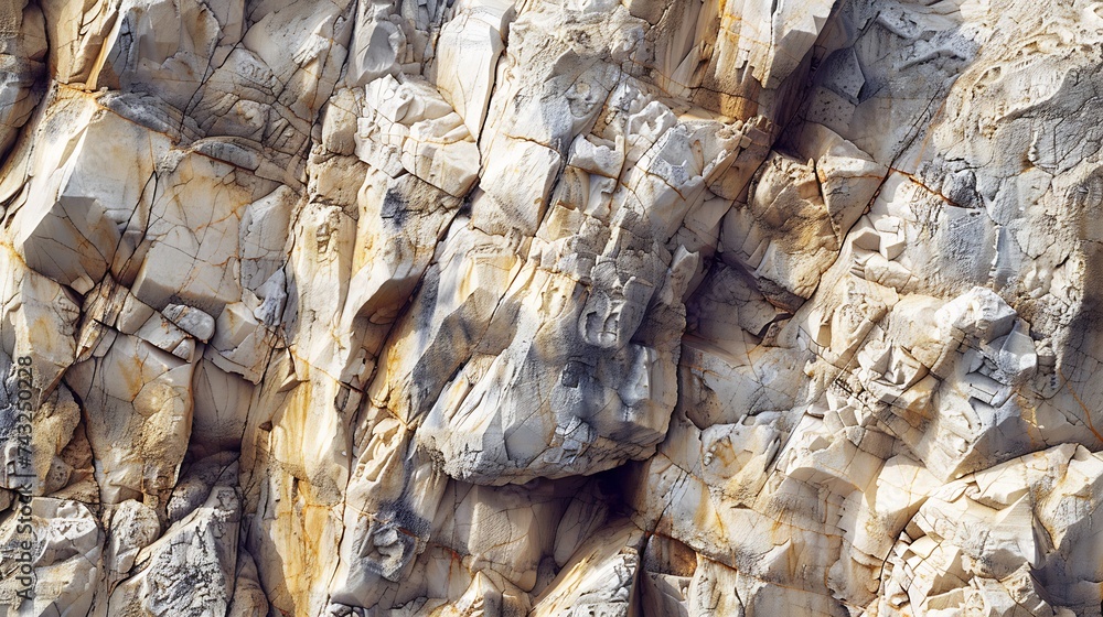 Aufkleber Light brown rock texture Mountain rough surface Closeup Stone wall background with copy space for design Wide banner Panoramic : Generative AI