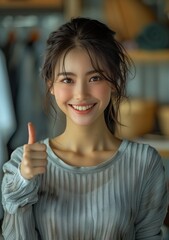 woman gray sweater giving thumbs japanese model half body cropping faces young asian smile trustworthy eyes thumbnail confucius jury trial beginner - obrazy, fototapety, plakaty