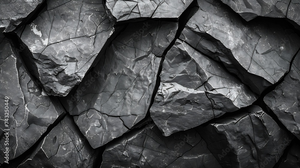 Poster volumetric rock texture with cracks black stone background with copy space for design wide banner : 
