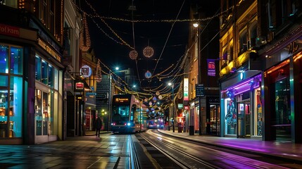 Birmingham UK Night life in the center of Birmingham UK Dark black sky with illuminated buildings shops and stores Tram trail lights : Generative AI