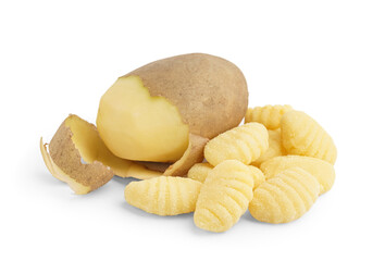 Tasty gnocchi and potato on white background