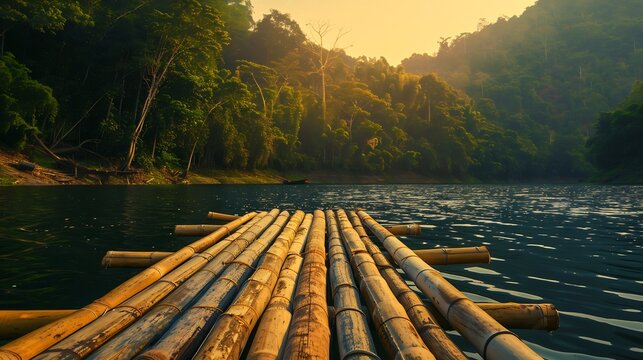 Bamboo raft on Pang Ung reservoir lake Pang ung Thailand : Generative AI