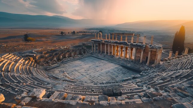 Aerial view of theatre at the ancient city of Hierapolis Turkey : Generative AI