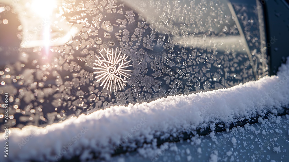 Leinwandbilder snow background texture of wet snow with sun symbol pattern in the winter window of the car outdoors