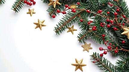 Fototapeta na wymiar Festive Christmas border isolated on white background Fir green branches are decorated with golden red stars and red berries Closeup copy space : Generative AI