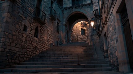 Fototapeta na wymiar Girona city by night Pujada de Sant Domenec stairs and Arch of the Agullana Palace Catalonia Spain : Generative AI