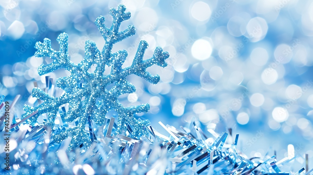 Leinwandbilder Background for christmas and new year Light blue snowflake texture with sparkles closeup macro with soft focus Template for the congratulate text : Generative AI