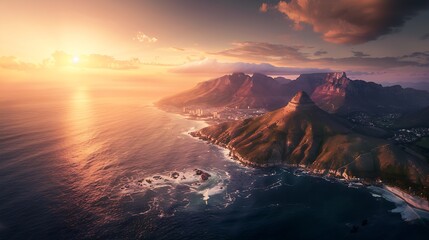 Fototapeta premium Aerial view of Atlantic Seaboard with Lions Head and Table Mountain at sunset Cape Town South Africa : Generative AI