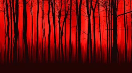 Foto auf Acrylglas Rot Bloody sunset in the forest Silhouettes of trees on a red background Horror mystic nightmare creepy fear concept Paranormal supernatural surreal scene Long web banner Website header Bl : Generative AI