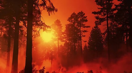 Bloody sunset in the forest Black silhouettes of tall trees on a red foggy background Horror mystic occult nightmare creepy fear concept Gloomy atmosphere Paranormal supernatural surre : Generative AI