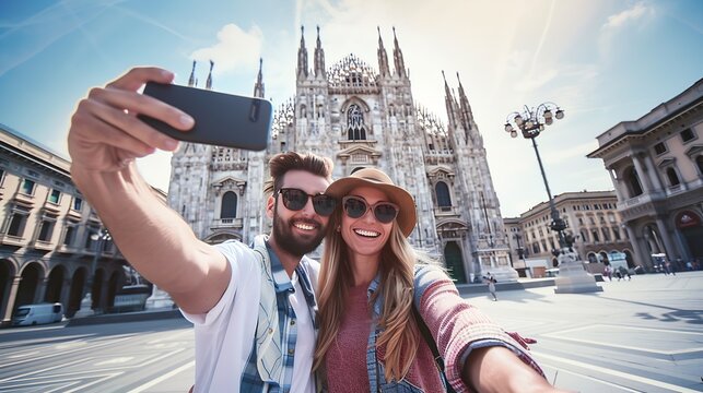 Happy couple taking selfie in front of Duomo cathedral in Milan Lombardia Two tourists having fun on romantic summer vacation in Italy Holidays and traveling lifestyle concept : Generative AI