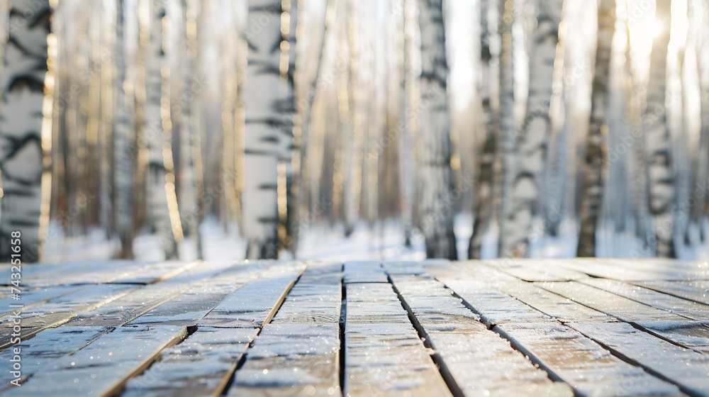 Poster winter christmas scenic background landscape in sunny day empty wooden flooring stage platform white