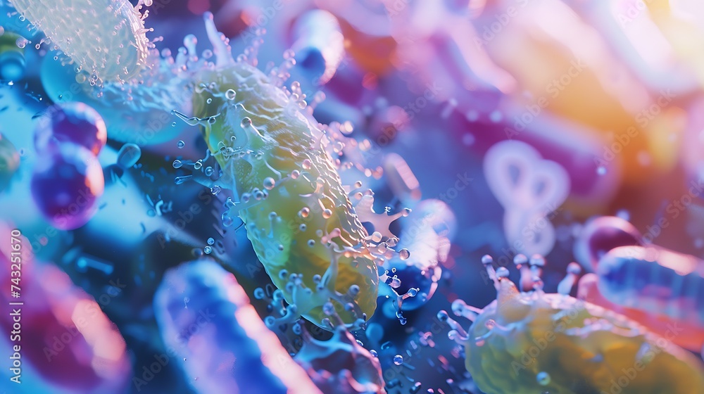 Poster examination of sample with germs and bacteria under microscope in laboratory : generative ai