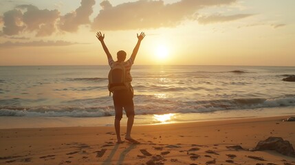 Fototapeta na wymiar Happy man with hands up enjoying wellbeing and freedom at the beach Male with backpack traveling in the nature with sunrise view Healthy lifestyle happiness and travel concept : Generative AI