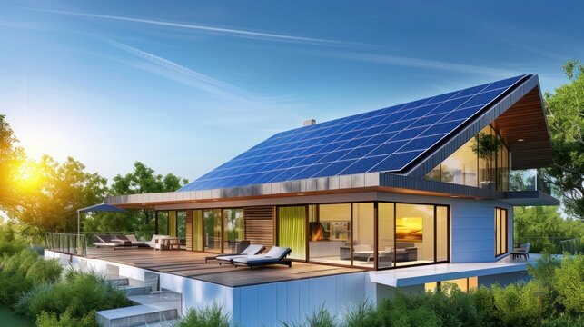 Modern house with solar panels on the roof.