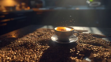 Fotobehang Espresso cup full of coffee on the grains pile Italian traditional morning short drink on breakfast Closeup Toned : Generative AI © Generative AI