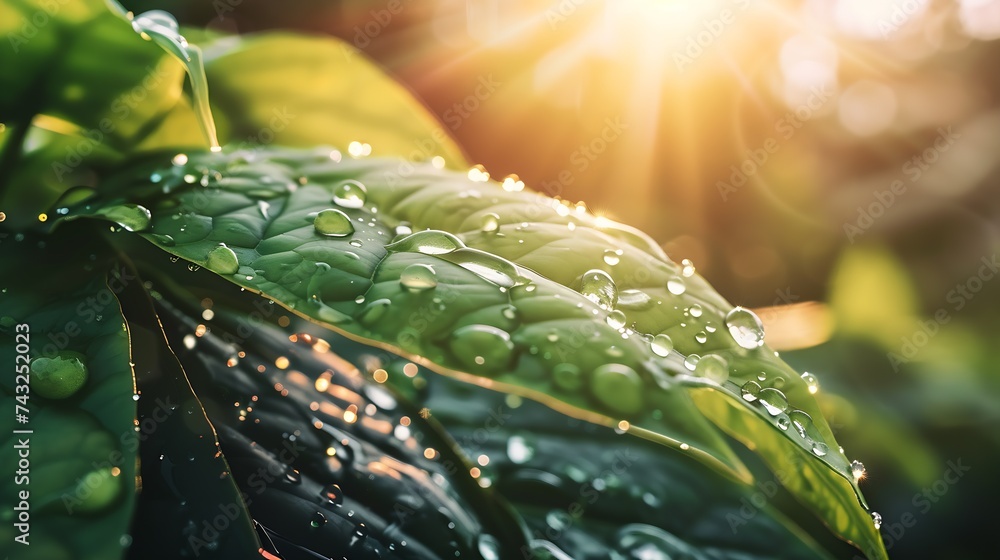 Leinwandbilder an amazingly beautiful macro image of water or dew drops on a green leaf of a plant with sunlight re