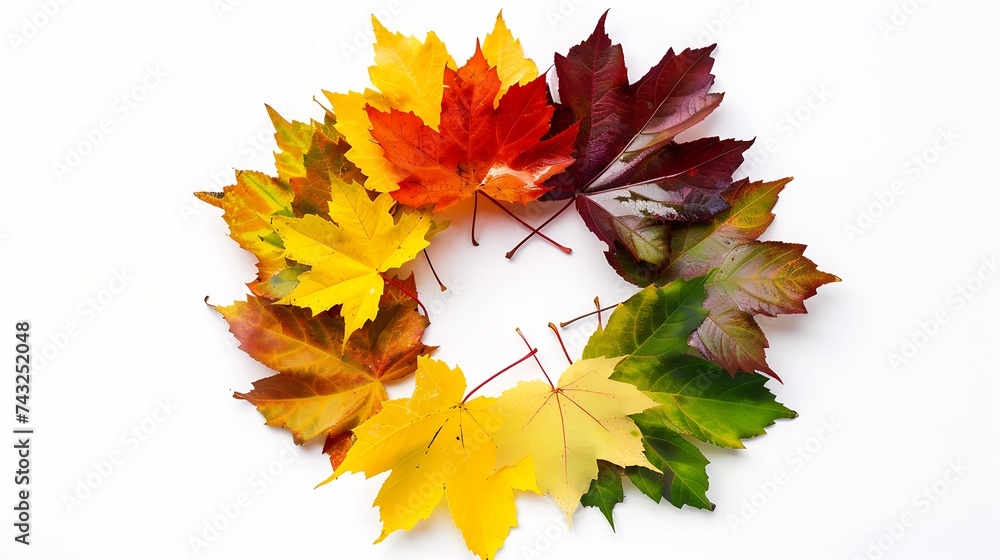 Poster creative colorful multicolored designer wreath isolated on white background made of natural maple le