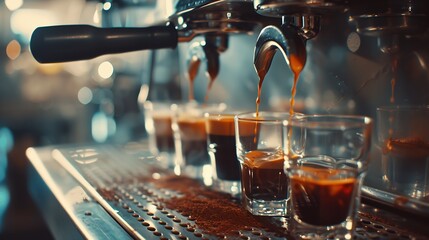 Professional espresso machine brewing a coffee Coffee pouring into shot glasses Toned image : Generative AI